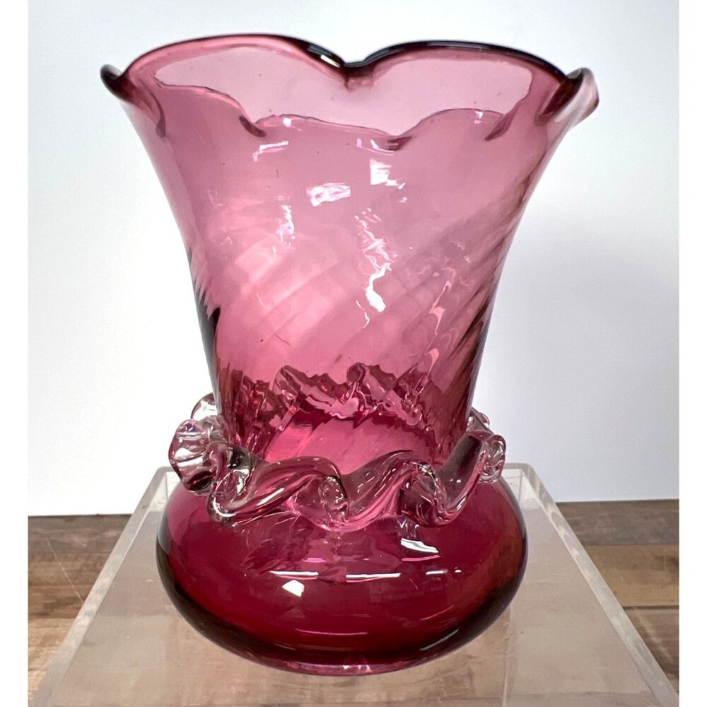 Vintage Cranberry Pink Glass Vase With Ruffled Rim And Clear Swirl Base
